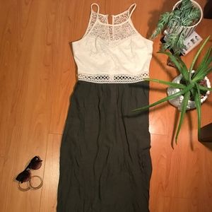 White Lace Top Green Maxi Dress